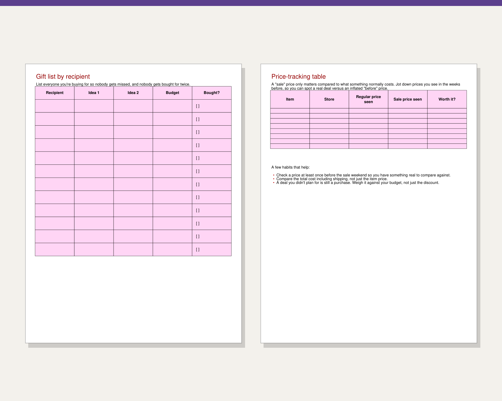 Inside pages of Black Friday & Cyber Monday Shopping Planner